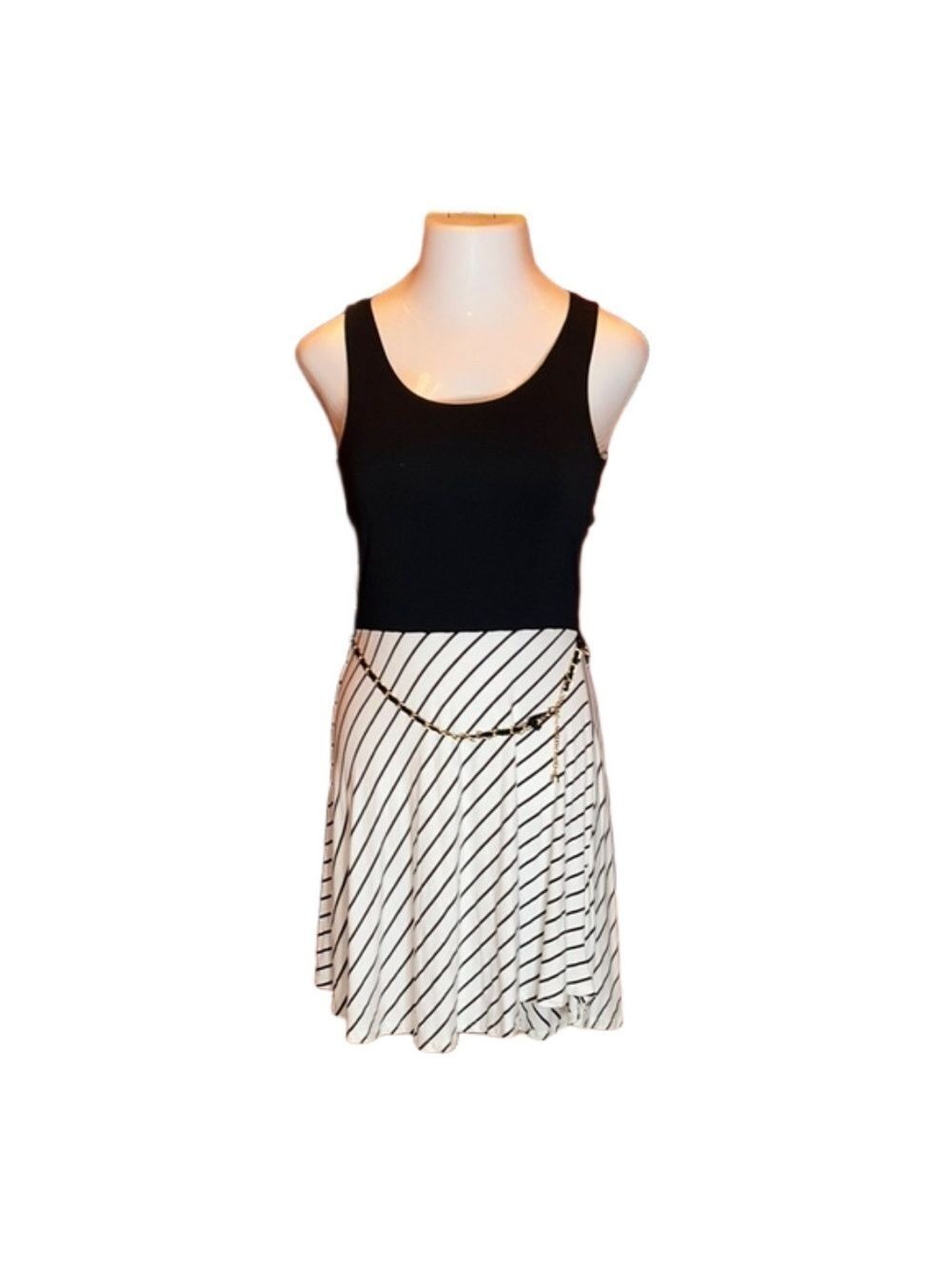 GILLI Black & White Striped Cut-Out Tank Dress w/ Chain Belt Size L